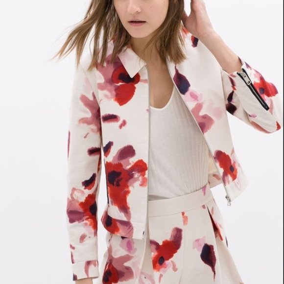 Zara Jackets & Blazers - Zara Watercolor White Floral Cotton Textured Blazer Jacket XS